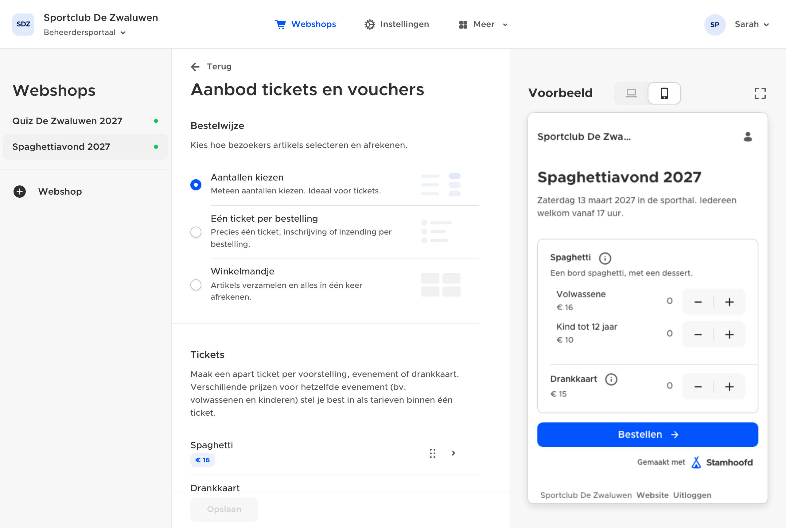 De bestelwijze in de instellingen van een ticketverkoop. Rechts zie je een voorbeeld van je webshop.