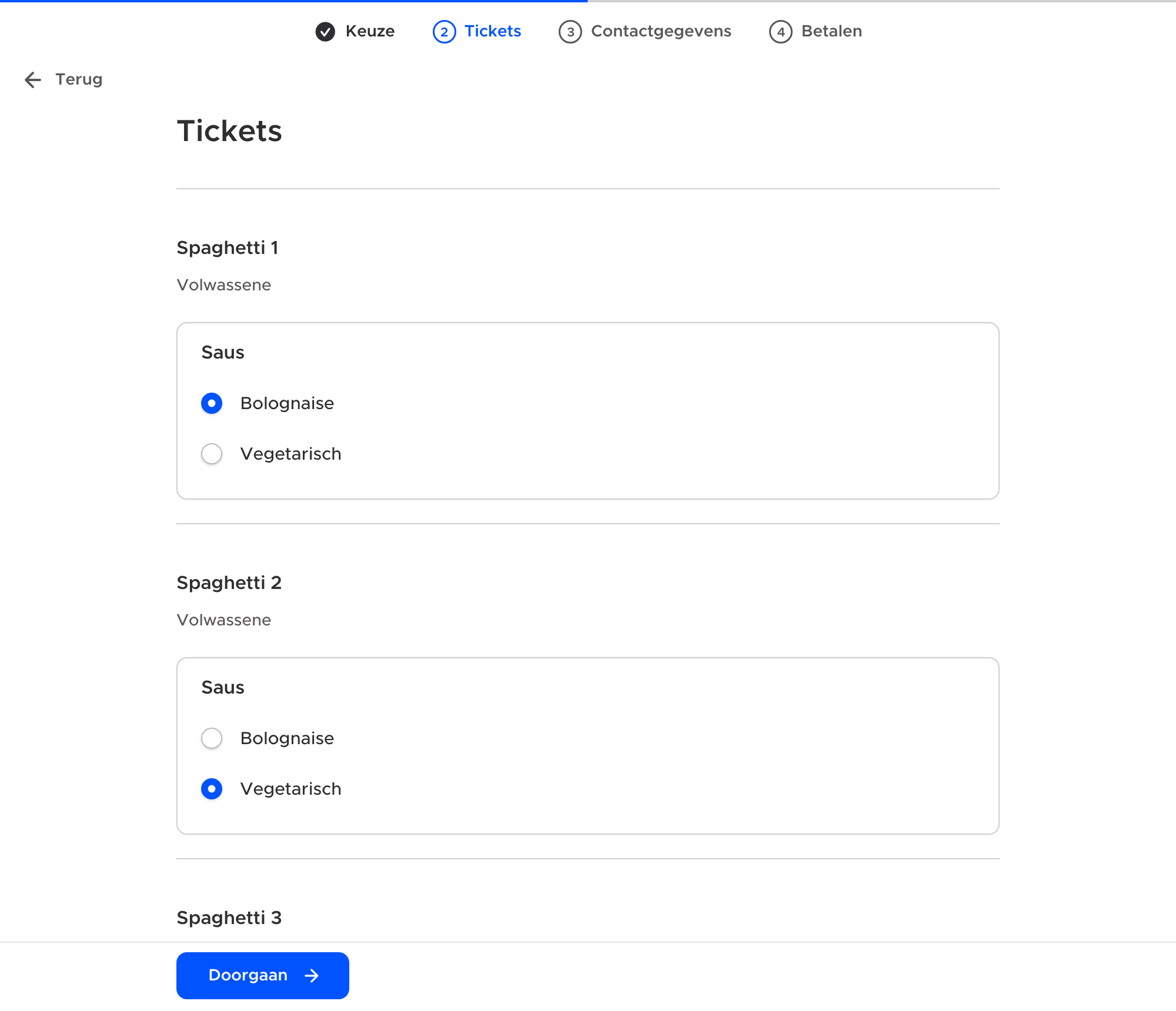 Na het kiezen van de aantallen kiezen bezoekers de saus voor elk ticket apart.