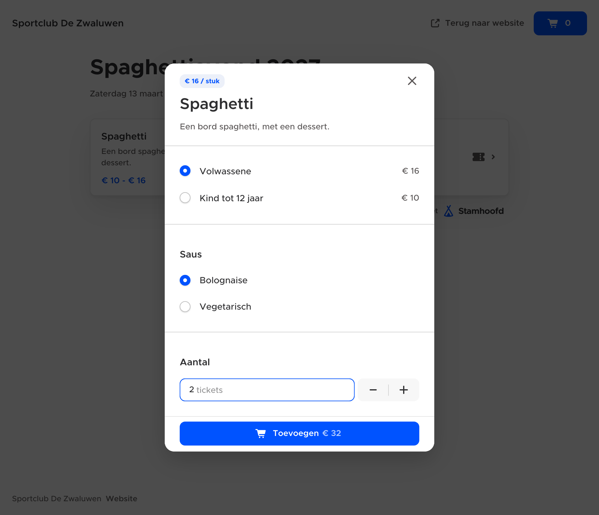 Na een klik op een artikel kiezen bezoekers een tarief, een saus en het aantal.