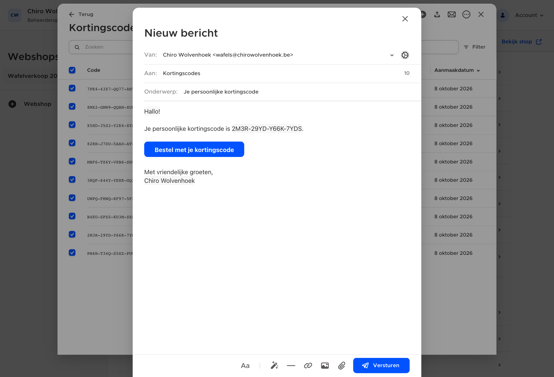 Een e-mail met de persoonlijke kortingscode en een knop om te bestellen